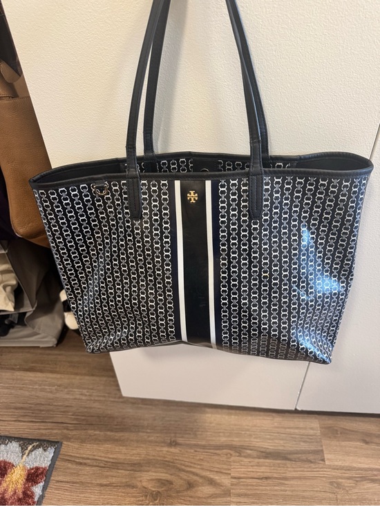 Tory Burch Handbags - Tory Burch Black and White Logo Stripe Tote